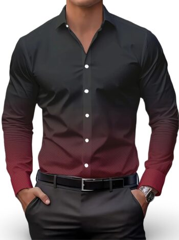 Stylish men's casual dress shirt with a black-to-red gradient design, perfect for formal and casual occasions.
