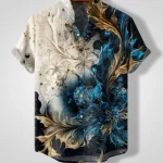 Men Abstract Floral Silk Hawaiian Shirt – Gold & Blue