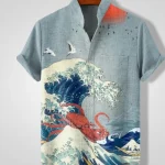 Men Abstract Floral Silk Hawaiian Shirt – Gold & Blue