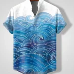 Men Abstract Floral Silk Hawaiian Shirt – Gold & Blue