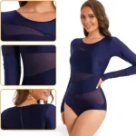 Women short sleeve shirt style swimsuit with long sleeves, V-neck, tummy control, zipper back, and UPF 50+ UV protection (1).