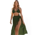Women short sleeve shirt style halter bikini set with high waist bottom and sheer mesh maxi skirt, perfect for beach days (1).