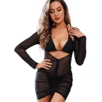 Women short sleeve shirt styled mesh beach coverup mini dress with drawstring front, worn over bikini (3).