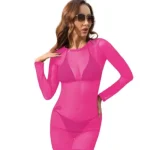 Women short sleeve shirt style mesh swimsuit cover up dress with long sleeves, ideal for beach or poolside wear (3).