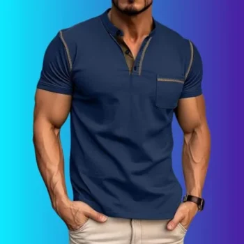 Man wearing Aulemen slim fit short shirt sleeve Henley with pocket in a casual outdoor setting (4).