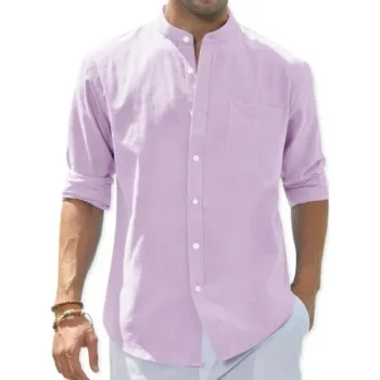 formal shirt worn by man in soft lavender cotton-linen, featuring banded collar, chest pocket, and rolled sleeves for relaxed summer style.