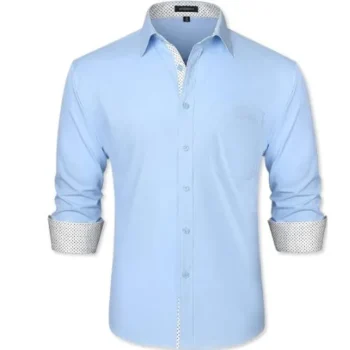 Formal shirt for men with long sleeves, featuring a button-down design and inner contrast pattern, ideal for business or weddings.