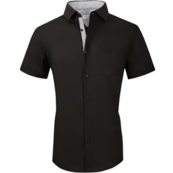 Formal shirt in black with 4-way stretch and wrinkle-free fabric, perfect for men seeking a comfortable, stylish fit.