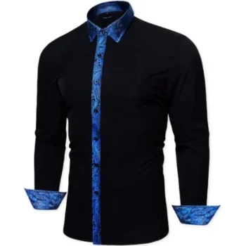 Formal shirt for men in black with blue paisley contrast on collar, cuffs, and placket, suitable for business or casual wear.