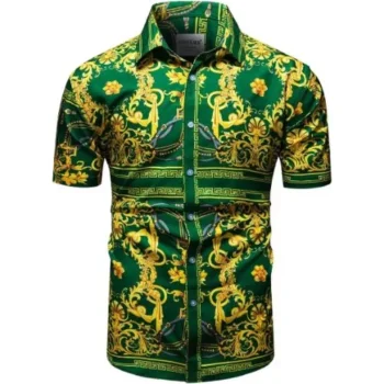 Men green and gold baroque print short sleeve formal shirt with button-down collar and luxury floral chain design.
