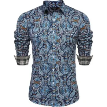 Formal shirt with paisley print, long sleeves, button-down design, and chest pocket, ideal for casual wear.