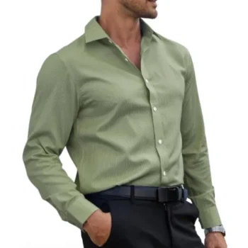 formal shirt – men green striped long sleeve button-down dress shirt with classic collar and tailored fit, worn.