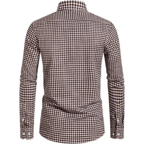 Back View of a Men Formal Plaid Shirt Back view of a brown and black checkered formal plaid shirt, showing the full plaid pattern.
