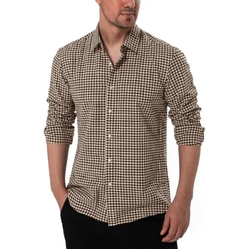 Men Formal Plaid Button Down Shirt for Business and Casual Wear A man wearing a brown and black checkered formal plaid shirt with long sleeves.