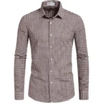 Front view of a men brown and white plaid formal plaid shirt on a white background.