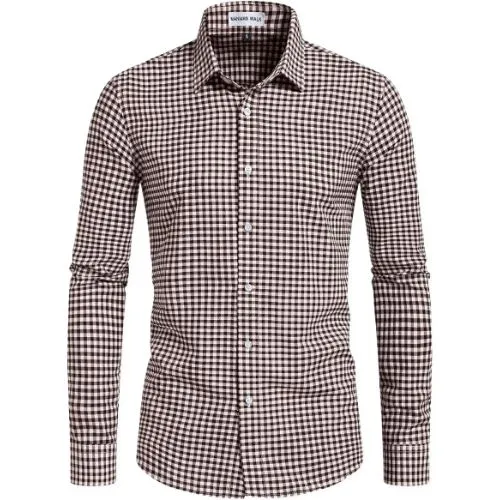 Men Regular Fit Plaid Formal Shirt Front view of a men brown and white plaid formal plaid shirt on a white background.