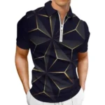 Formal shirt for men with a geometric print, short sleeves, and a zipper closure.