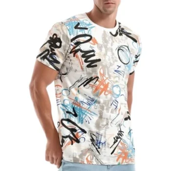 t-shirt with colorful hip hop graffiti print worn by man in casual jeans