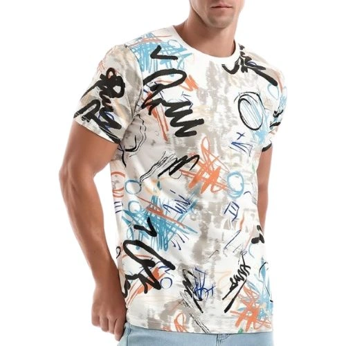 t-shirt with colorful hip hop graffiti print worn by man in t-shirt t-shirt with colorful hip hop graffiti print worn by man in casual jeans