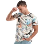 t-shirt with colorful hip hop graffiti print worn by man in t-shirt