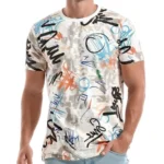 t-shirt with colorful hip hop graffiti print worn by man in t-shirt