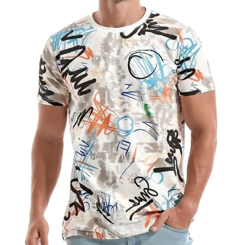 Front View of Men Hipster Hip Hop Short Sleeve Print T-Shirt t-shirt with abstract hip hop graffiti print shown from front view
