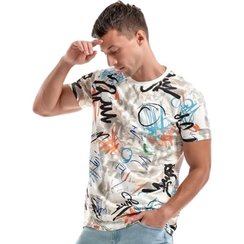 Front View of Men Hipster Hip Hop Short Sleeve Print T-Shirt t-shirt with abstract hip hop graffiti print shown from front view